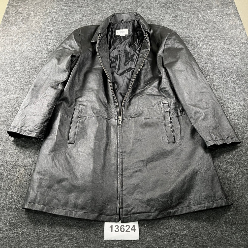 Comint Coat Womens Large Black Leather Full Zip Long Sleeve Spread Collar Long